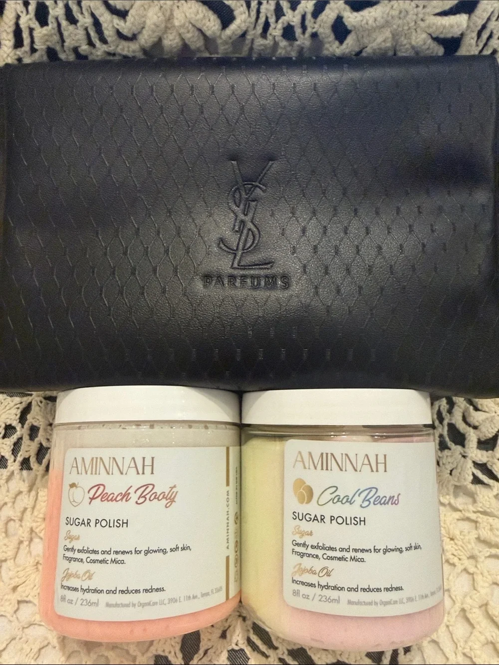 Aminnah Peach Booty & Cool Beans Sugar Polish Duo with YSL Toiletry Bag